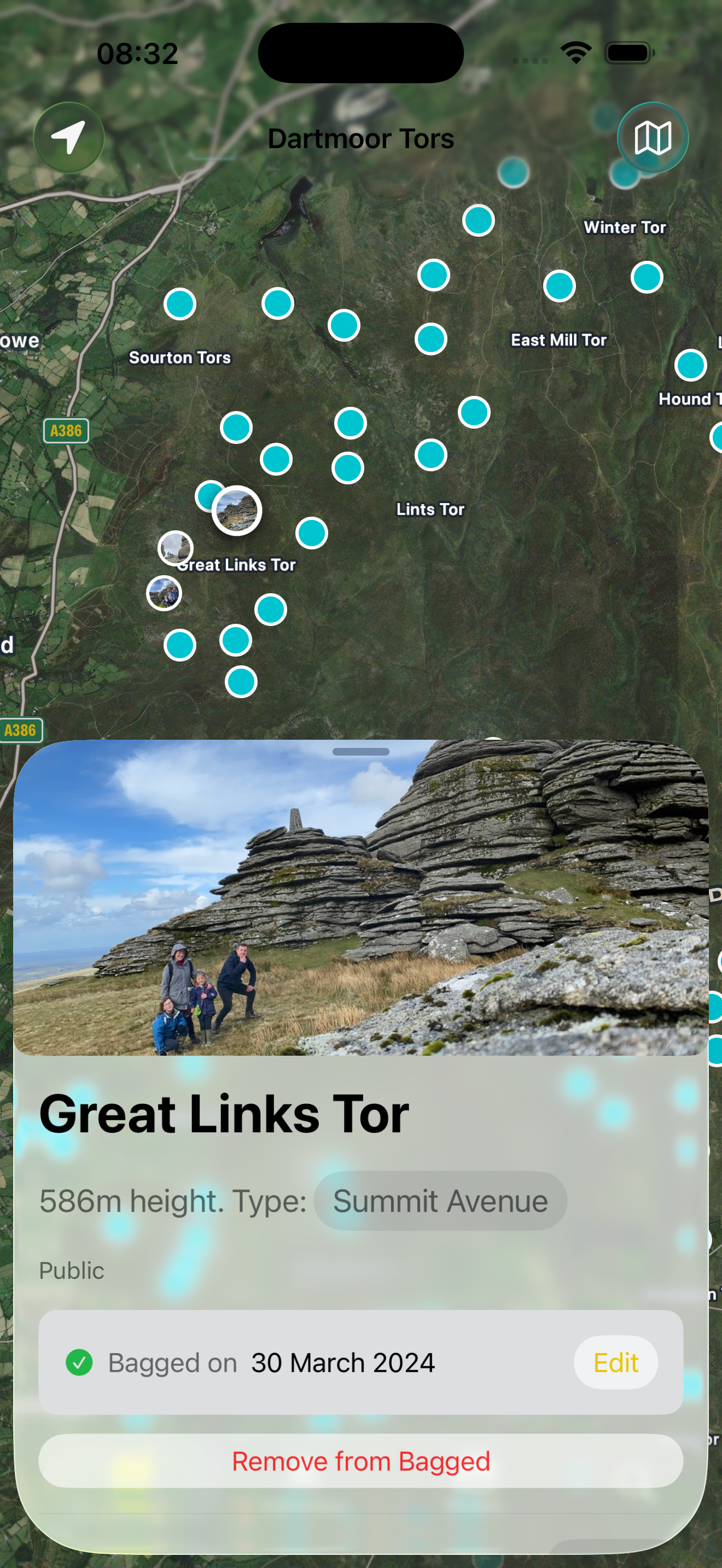 Map showing photo pins of bagged tors only