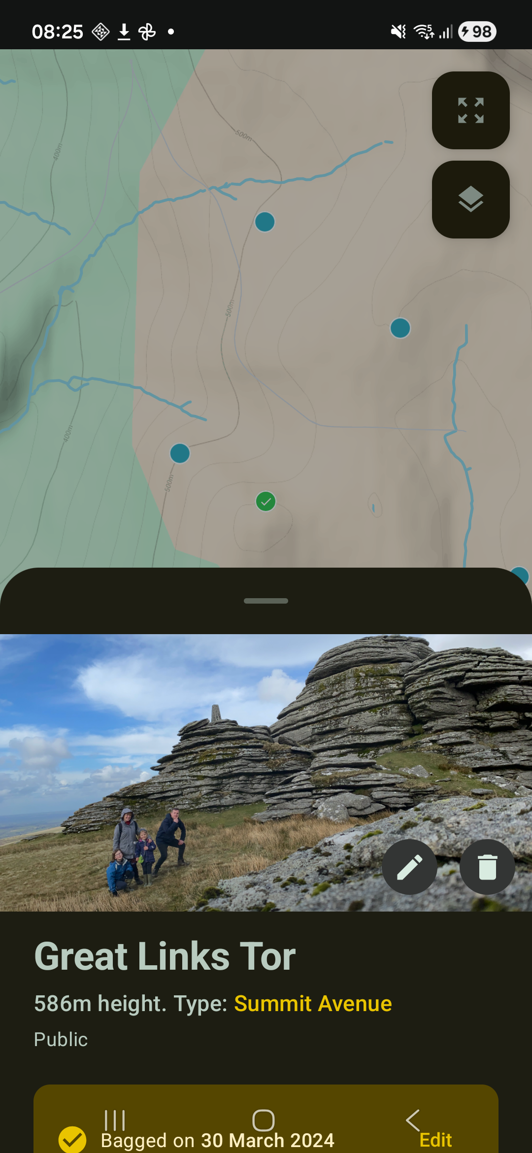 Map showing photo pins of bagged tors only