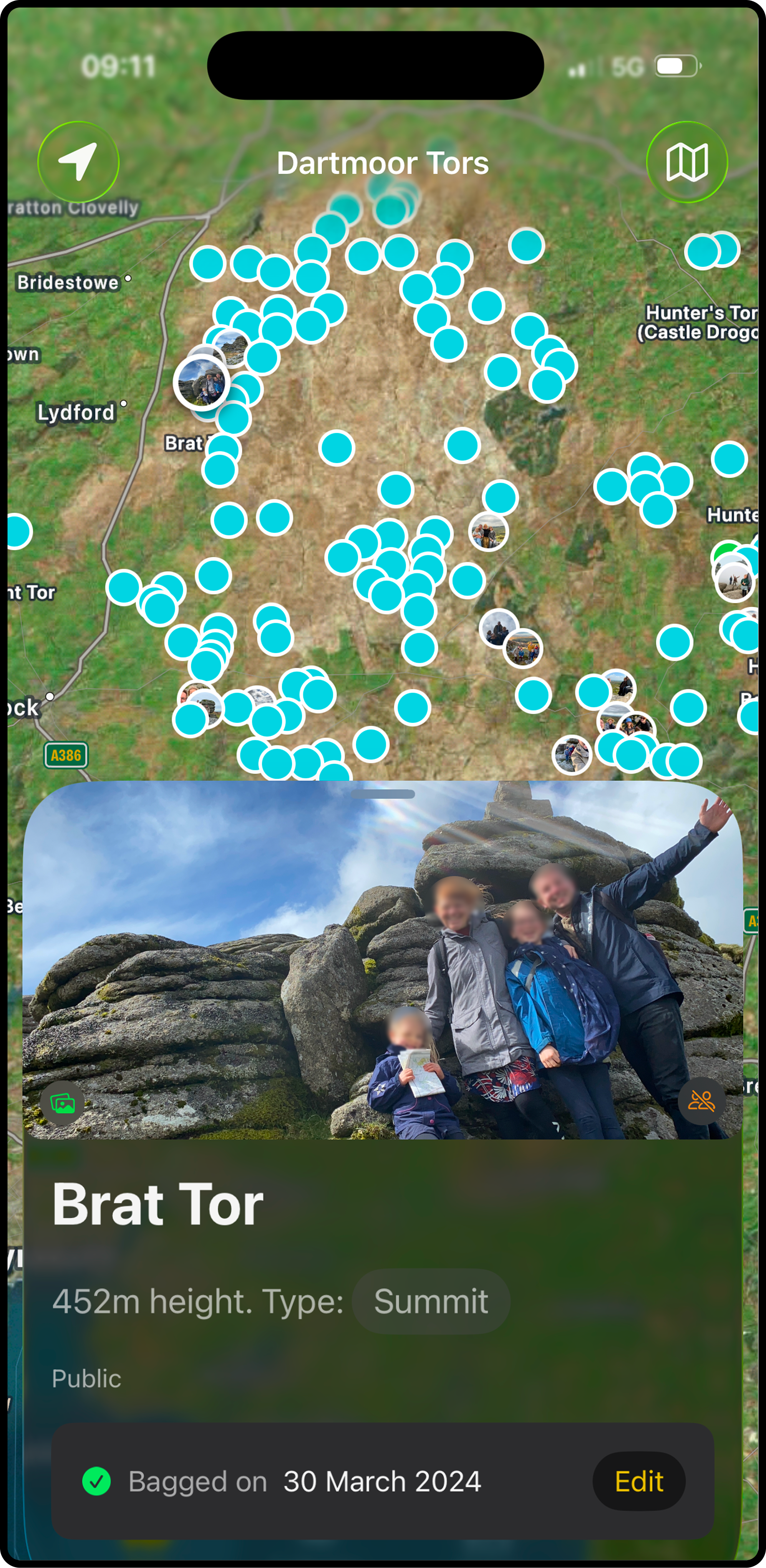 Dartmoor Tors app showing map with tor locations and photo